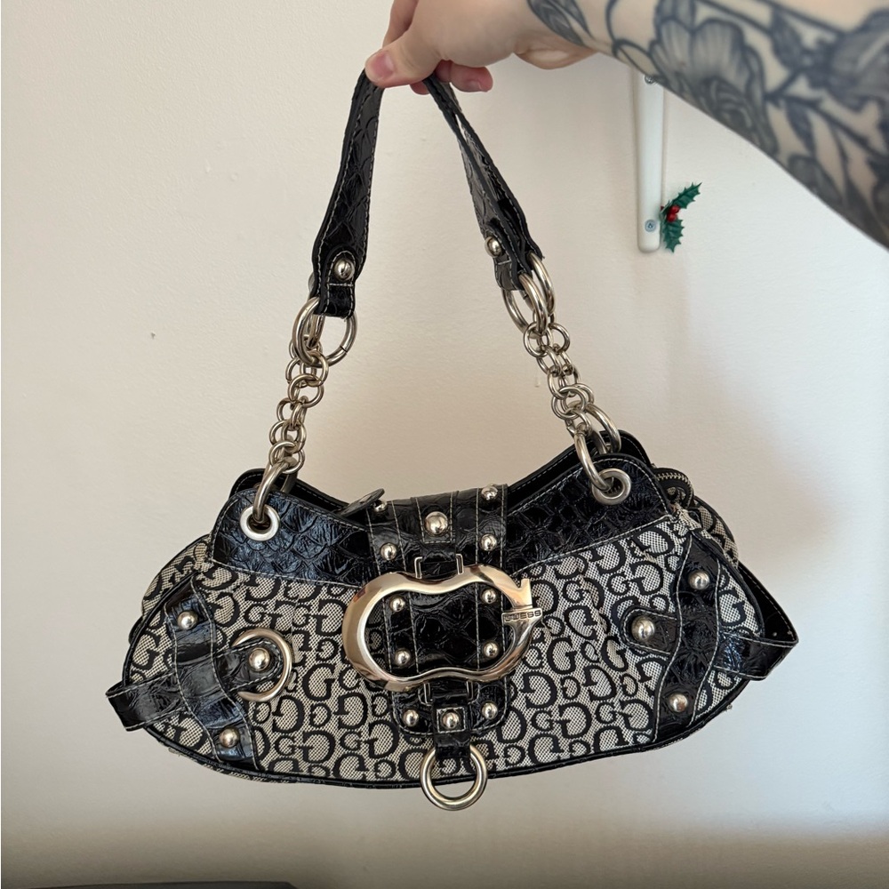 Guess Black and Gray Monogram Shoulder Bag with Silver Hardware